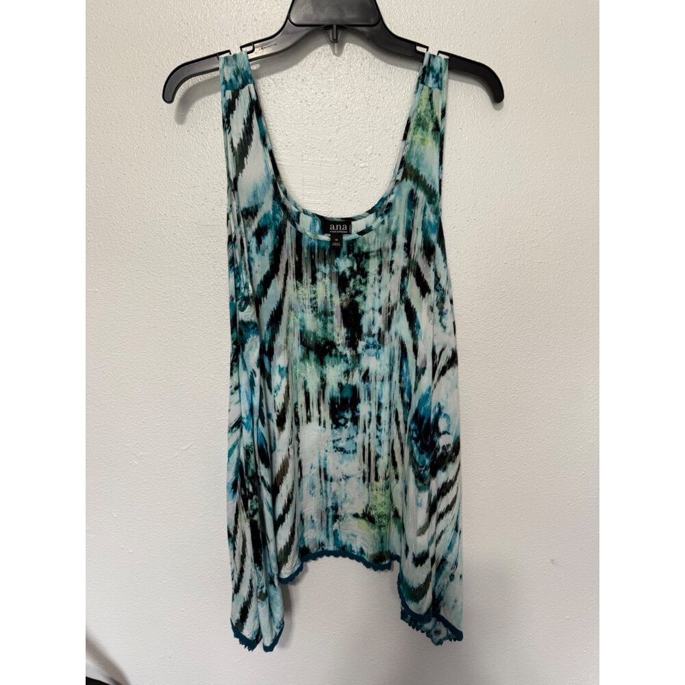 a.n.a Tank Top White Green Black Watercolor Flowy Crochet Hem Womans 1X